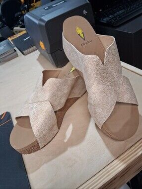 Volatile  Glittery Gold Crisscross Wedge Slide Mules
